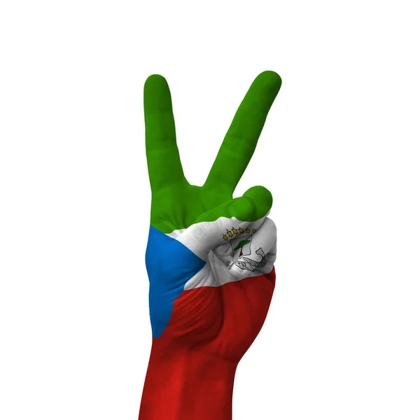 Hand Making Victory Sign Equatorial Guinea Painted Flag Symbol Victory — Photo