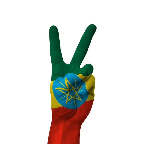 Hand Making Victory Sign Ethiopia Painted Flag Symbol Victory Win — стоковое фото