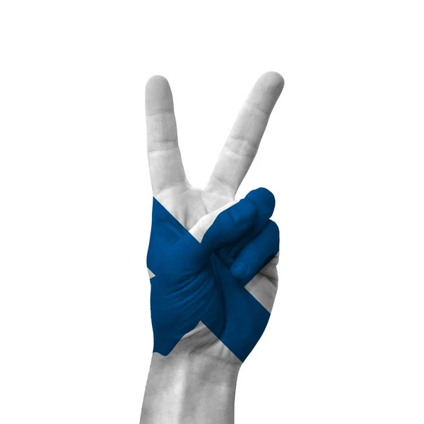Hand Making Victory Sign Finland Painted Flag Symbol Victory Win — Zdjęcie stockowe