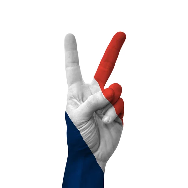 Hand Making Victory Sign France Painted Flag Symbol Victory Win — Stok Foto