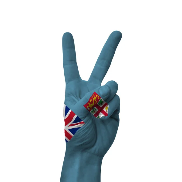 Hand Making Victory Sign Fiji Painted Flag Symbol Victory Win — Stock fotografie