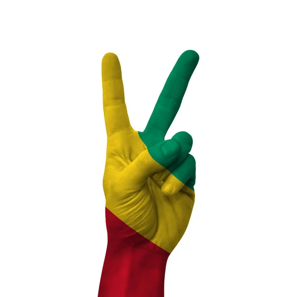 Hand Making Victory Sign Guinea Painted Flag Symbol Victory Win — Stockfoto