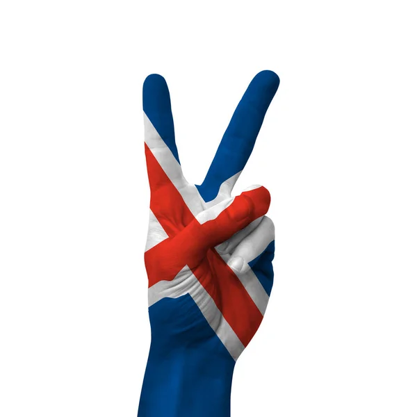 Señal Victoria Hecha Mano Iceland Pintado Con Bandera Como Símbolo — Foto de Stock