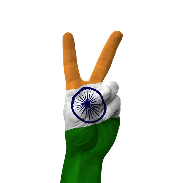 Hand Making Victory Sign India Painted Flag Symbol Victory Win — стоковое фото