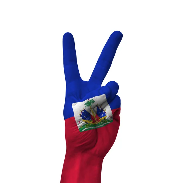 Hand Making Victory Sign Haiti Painted Flag Symbol Victory Win — стоковое фото