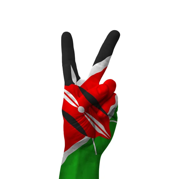 Hand Making Victory Sign Kenya Painted Flag Symbol Victory Win — Foto Stock