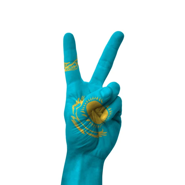 Ручной Знак Победы Казахстан Выкрашен Флагом Символ Победы Победы Успеха — стоковое фото