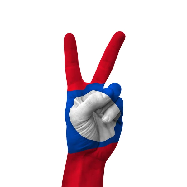 Hand Making Victory Sign Laos Painted Flag Symbol Victory Win — Stock Photo, Image