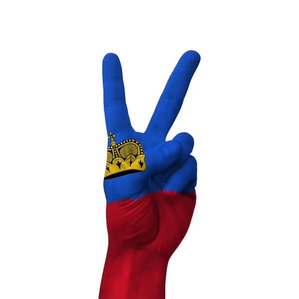 Hand Maken Overwinning Teken Liechtenstein Geschilderd Met Vlag Als Symbool — Stockfoto