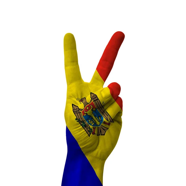 Hand Making Victory Sign Moldova Painted Flag Symbol Victory Win — стоковое фото
