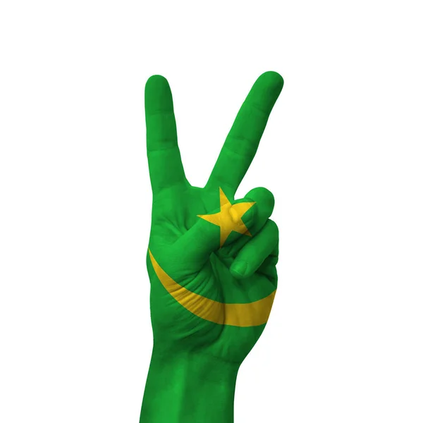 Ręka Podejmowania Znak Zwycięstwa Mauretania Malowane Flagą Jako Symbol Zwycięstwa — Zdjęcie stockowe