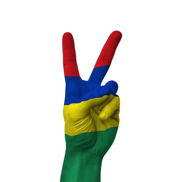 Hand Making Victory Sign Mauritius Painted Flag Symbol Victory Win — Photo