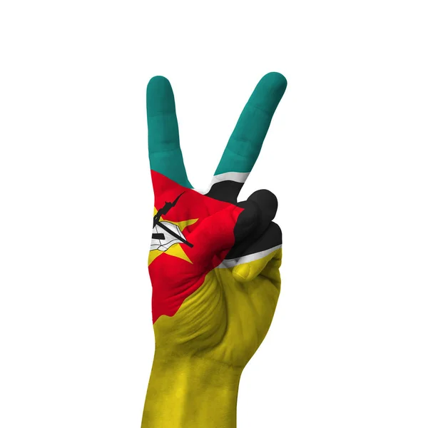 Hand Making Victory Sign Mozambique Painted Flag Symbol Victory Win — Zdjęcie stockowe