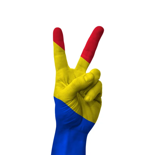 Hand Making Victory Sign Romania Painted Flag Symbol Victory Win — стоковое фото