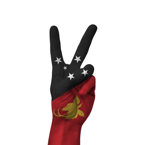 Hand Making Victory Sign Papua New Guinea Painted Flag Symbol — Fotografia de Stock