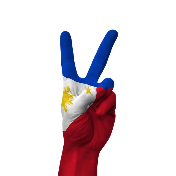 Hand Making Victory Sign Philippines Painted Flag Symbol Victory Win — Stockfoto