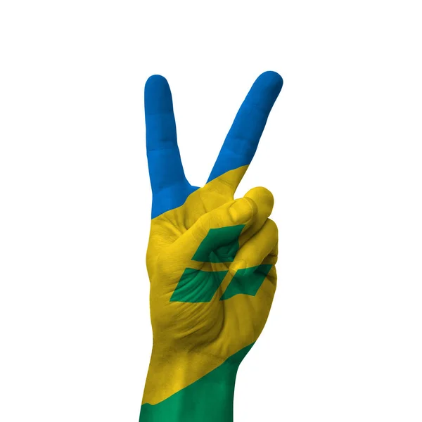 Hand Making Victory Sign Saint Vincent Grenadines Painted Flag Symbol — Stock Photo, Image