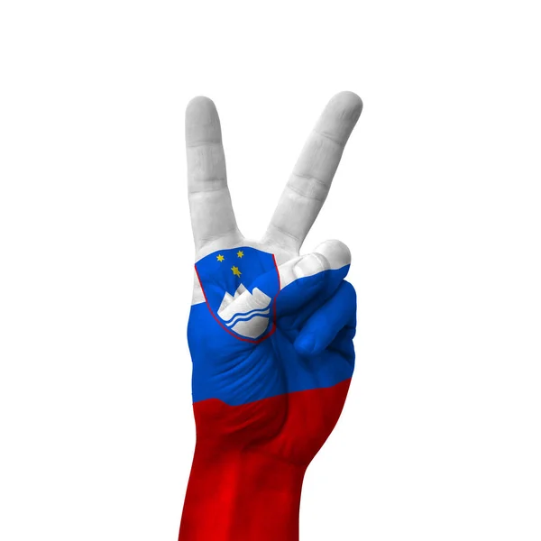 Hand Making Victory Sign Slovenia Painted Flag Symbol Victory Win — Stockfoto