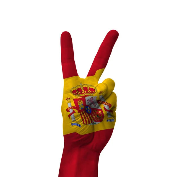 Hand Making Victory Sign Spain Painted Flag Symbol Victory Win — стоковое фото