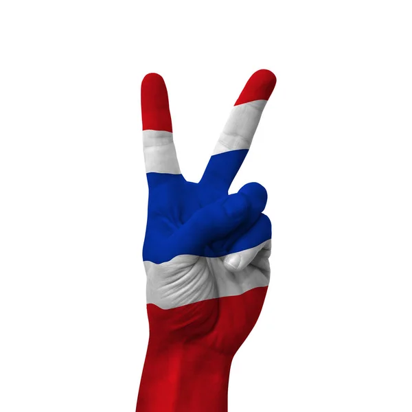 Hand Making Victory Sign Thailand Painted Flag Symbol Victory Win — Stock fotografie