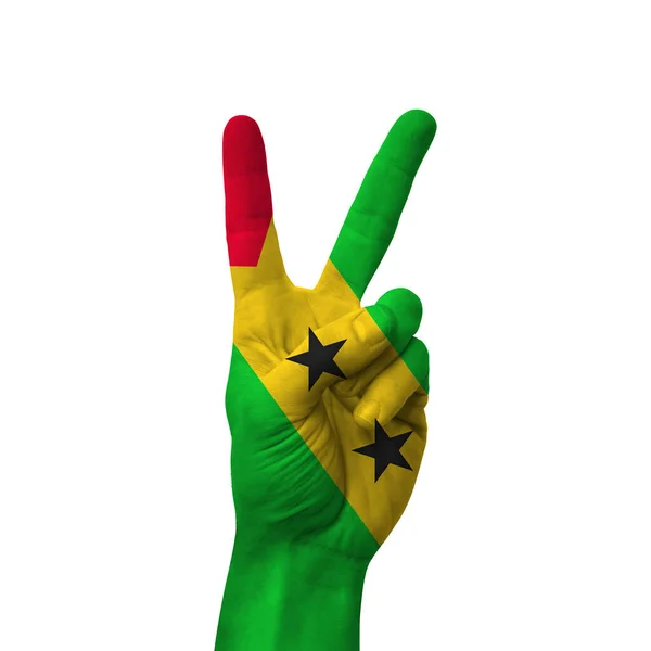 Hand Making Victory Sign Sao Tome Principe Painted Flag Symbol — Stockfoto