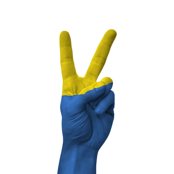 Hand Making Victory Sign Ukraine Painted Flag Symbol Victory Win — ストック写真