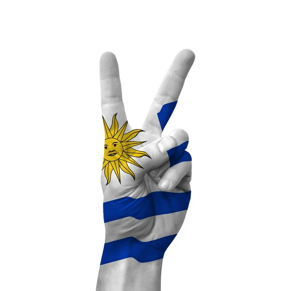 Hand Making Victory Sign Uruguay Painted Flag Symbol Victory Win — стоковое фото
