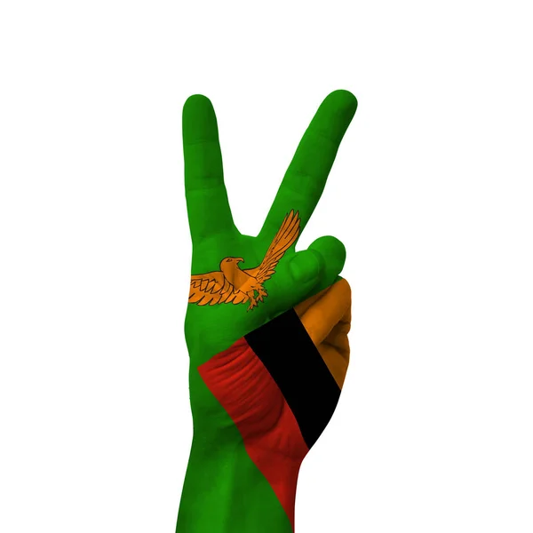 Hand Making Victory Sign Zambia Painted Flag Symbol Victory Win — стоковое фото
