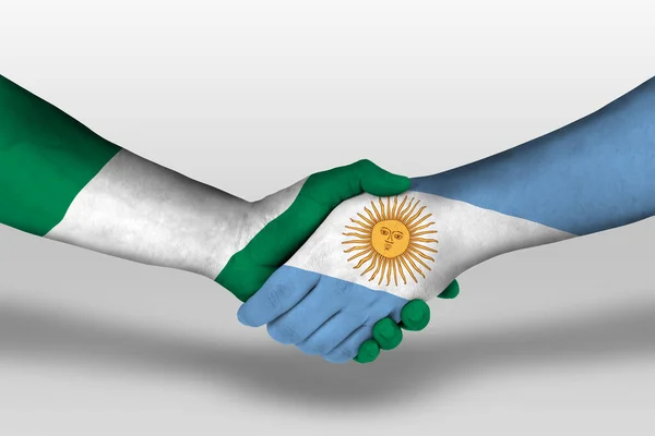 Handshake Argentina Nigeria Flags Painted Hands Illustration Clipping Path — стокове фото