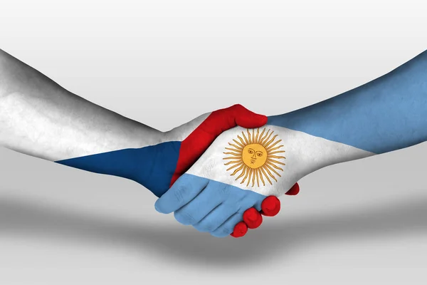 Рукопожатие Между Флагами Аргентины Чехии Раскрашенные Руках Иллюстрация Вырезкой — стоковое фото