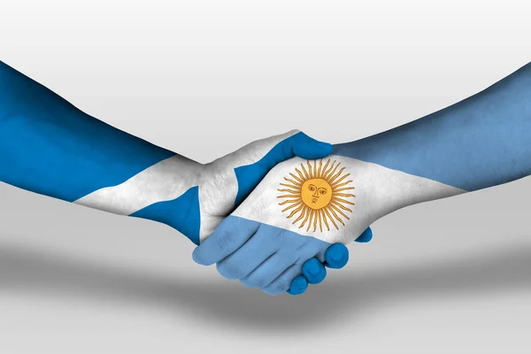 Händedruck Zwischen Argentinischen Und Schottischen Flaggen Auf Hände Gemalt Illustration — Stockfoto