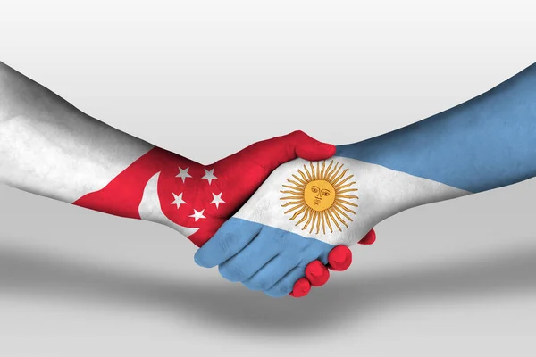 Handslag Mellan Argentina Och Singapore Flaggor Målade Händer Illustration Med — Stockfoto