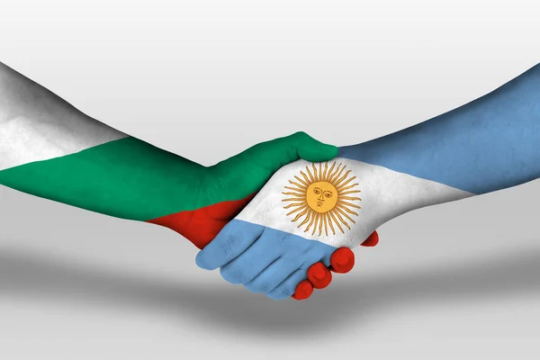手绘在手绘上的Argentina和Bulgaria国旗之间的握手 用裁剪路径说明 — 图库照片