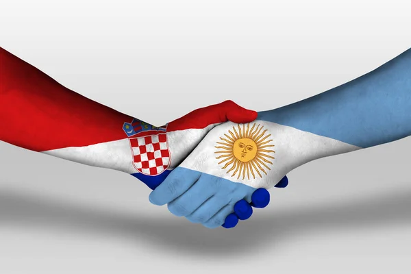 Рукопожатие Между Аргентинскими Хорватскими Флагами Раскрашенными Руках Иллюстрация Вырезкой — стоковое фото