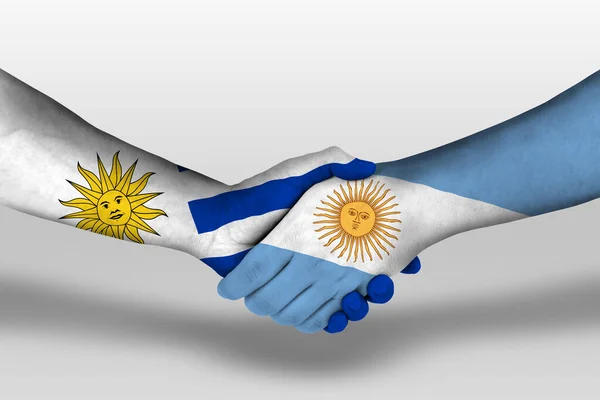 Рукопожатие Между Аргентинскими Уругвайскими Флагами Нарисованными Руках Иллюстрация Вырезкой — стоковое фото