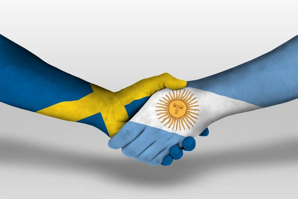 Рукостискання Між Аргентиною Прапорами Швеції Намальованими Руках Ілюстрація Відсічним Контуром — стокове фото