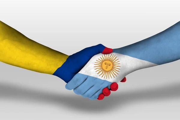 Saludo Entre Banderas Argentinas Colombianas Pintadas Las Manos Ilustración Con —  Fotos de Stock