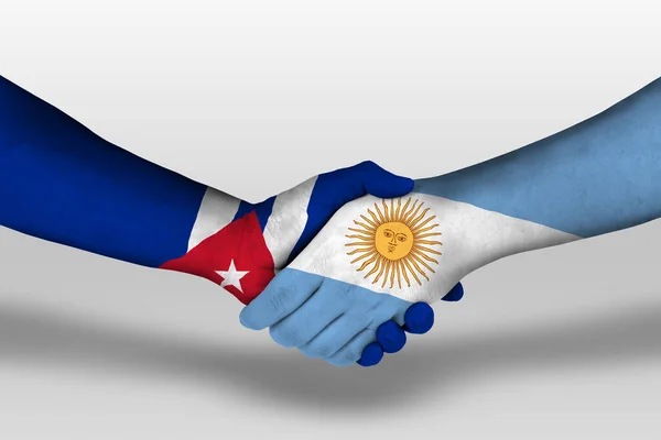 手绘在手绘Argentina和Cuba国旗之间的握手 用裁剪路径说明 — 图库照片