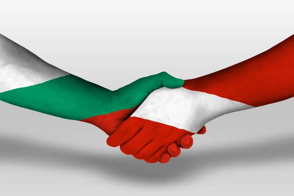 Apretón Manos Entre Austria Bulgaria Banderas Pintadas Las Manos Ilustración — Foto de Stock