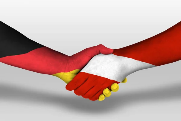 Händedruck Zwischen Österreich Und Deutschland Fahnen Auf Hände Gemalt Illustration — Stockfoto