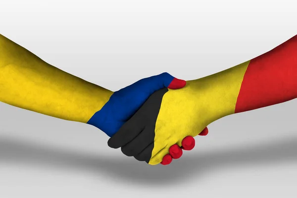Aperto Mão Entre Bandeiras Bélgica Colômbia Pintadas Mãos Ilustração Com — Fotografia de Stock