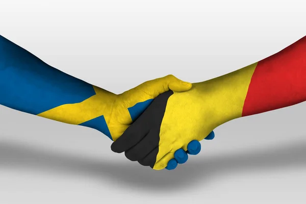 Χειραψία Μεταξύ Belgium Και Σουηδικές Σημαίες Ζωγραφισμένα Στα Χέρια Εικονογράφηση — Φωτογραφία Αρχείου