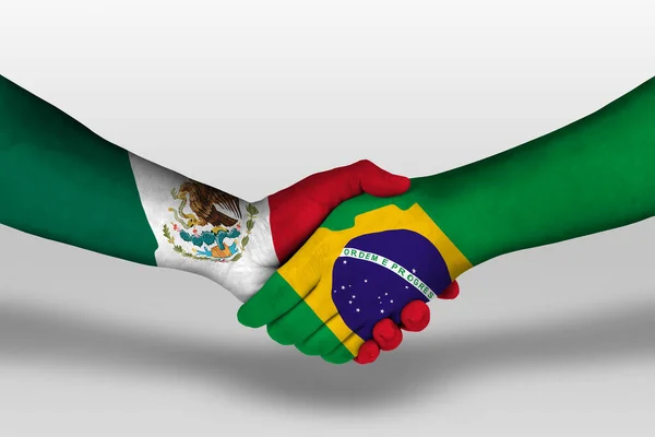 Χειραψία Μεταξύ Brazil Και Του Μεξικού Σημαίες Ζωγραφισμένα Στα Χέρια — Φωτογραφία Αρχείου