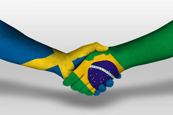 Händedruck Zwischen Brasilianischer Und Schwedischer Flagge Auf Hände Gemalt Illustration — Stockfoto