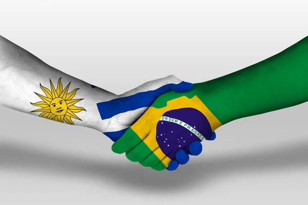 Handdruk Tussen Braziliaanse Uruguay Vlaggen Geschilderd Handen Illustratie Met Knippad — Stockfoto