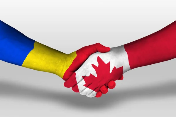 Kézfogás Között Kanadai Romániai Zászlók Festett Kezét Illusztráció Vágási Útvonal — Stock Fotó