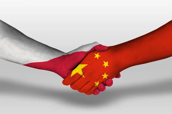 Handshake China Poland Flags Painted Hands Illustration Clipping Path — 图库照片