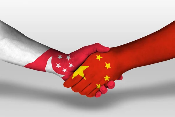 Handshake China Singapore Flags Painted Hands Illustration Clipping Path — 图库照片