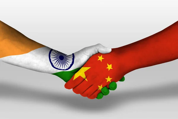 Poignée Main Entre Chine Inde Drapeaux Peints Sur Les Mains — Photo