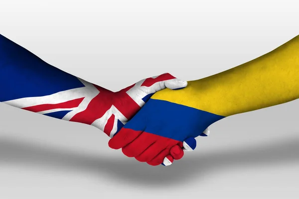 Handdruk Tussen Columbia Verenigd Koninkrijk Vlaggen Geschilderd Handen Illustratie Met — Stockfoto